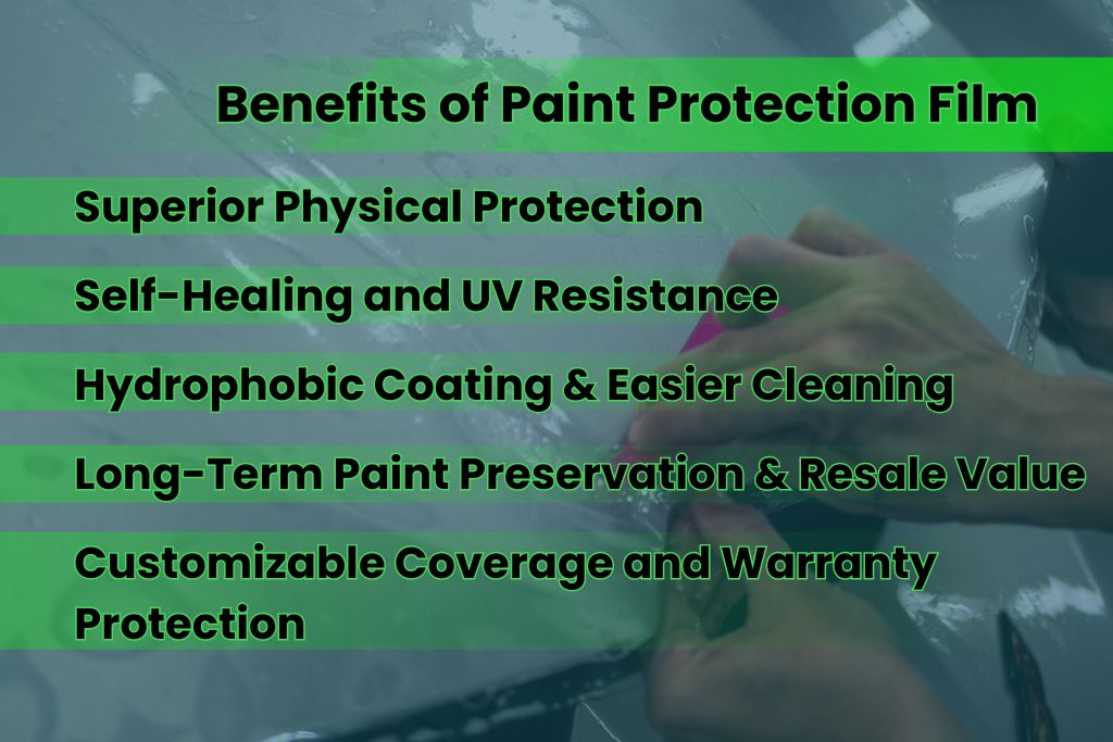 Close-up of hands applying clear paint protection film to a car hood with overlaid text listing the benefits of paint protection film, including superior physical protection, self-healing and UV resistance, hydrophobic coating, long-term preservation, and customizable coverage.