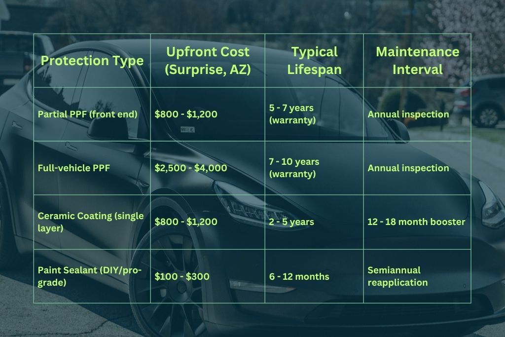 Comparison chart of paint protection solutions showing costs, lifespan, and maintenance for partial PPF, full-vehicle PPF, ceramic coating, and paint sealant, overlaid on an image of a matte black Tesla.