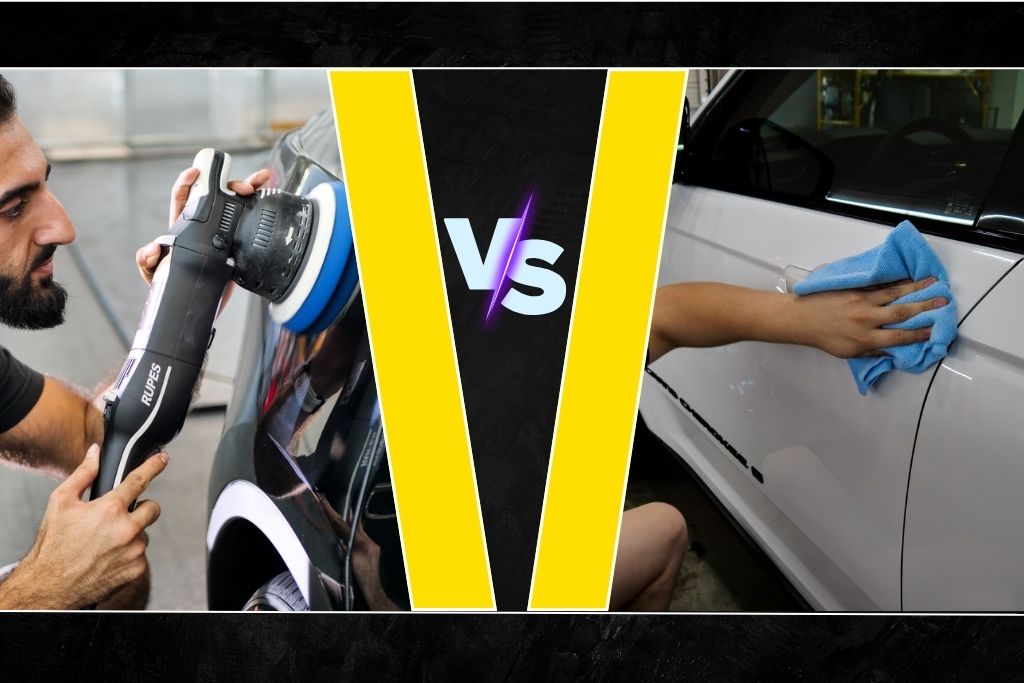 Side-by-side comparison image showing a man using a polishing machine on a black car for professional ceramic coating on the left, and a person wiping a white car door with a microfiber cloth for a DIY ceramic coating on the right, illustrating the differences in application methods.