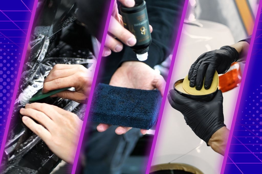 Split image showing three stages of professional paint protection for new vehicles: clear bra film installation, ceramic coating application, and wax or sealant buffing, highlighting different paint protection options for new vehicles.
