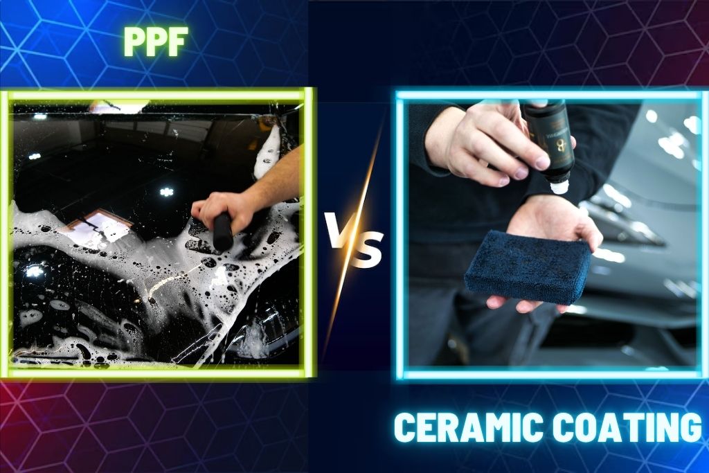 Side-by-side comparison image showing a car being treated with PPF on the left, using soap and a squeegee, and a hand holding a ceramic coating applicator on the right. This visual highlights the differences in application methods for PPF vs Ceramic Coating and how each protects a vehicle's exterior.