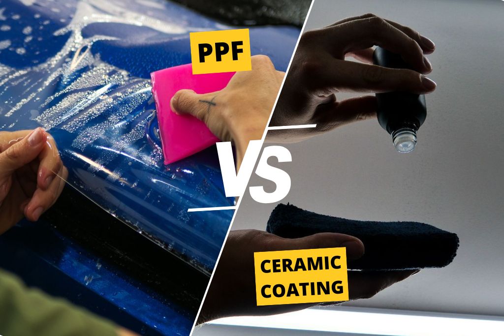 Split image comparing PPF vs ceramic coating, showing hands applying paint protection film to a wet blue car surface on the left and pouring ceramic coating liquid onto an applicator pad on the right.