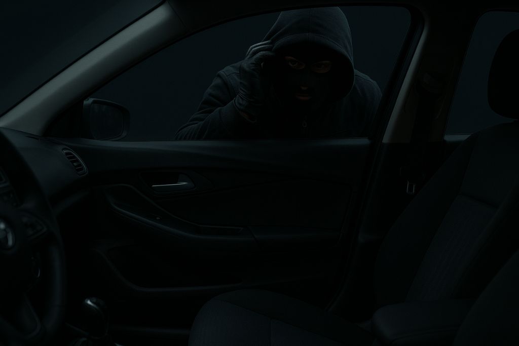 Person in a dark hoodie and mask peers into a parked car at night, illustrating safety and security advantages of tinted windows by obscuring the view of the vehicle’s interior and deterring theft.