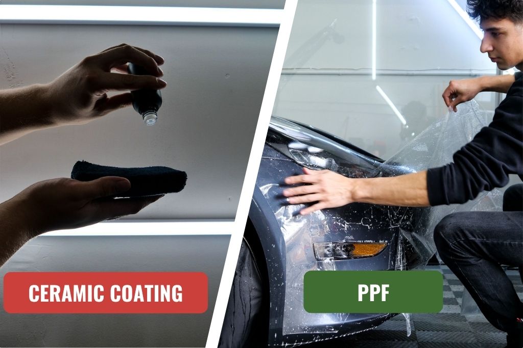 Split image showing ceramic coating application on a sponge and paint protection film being applied to a car’s front end, comparing two methods of superior vehicle paint protection.