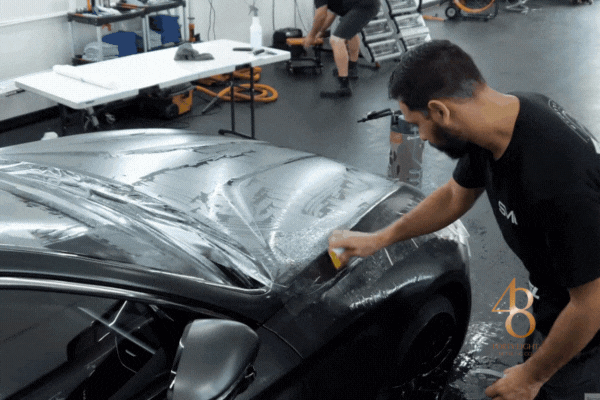 A detailing technician at 48 Detailing applies Paint Protection Film (PPF) to the hood and fender of a black car, using a squeegee to smooth the film over the wet surface. This process illustrates what is PPF on a car, showing how expert installation protects the paint from damage and wear.