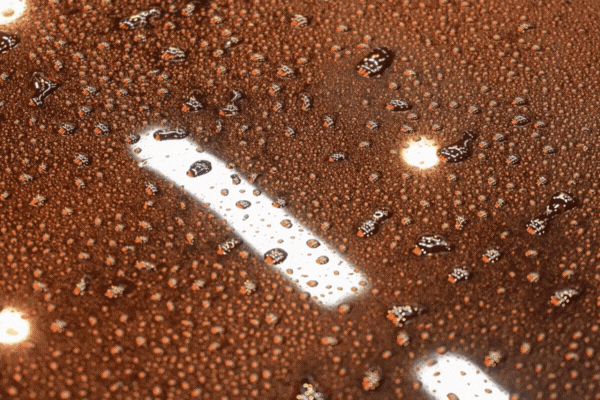Close-up of water droplets beading on a dark ceramic-coated car hood under shop lights in Surprise, Arizona, visually demonstrating Water Spots Formation and how ceramic coating resists mineral buildup