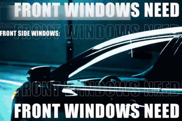 A dark-tinted car with bold animated text overlay stating "Front Windows Need" and “Front Side Windows” highlighting the legal requirement that front side windows in Arizona must allow at least 33% visible light transmission. The visual reinforces state regulations for legal window tint percentages in Arizona.