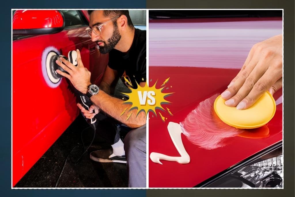 Side-by-side comparison of a technician machine-applying ceramic coating versus a hand-applying wax on red car surfaces, illustrating the ceramic coating vs wax debate in Arizona's climate with 48 Detailing in Surprise, AZ.