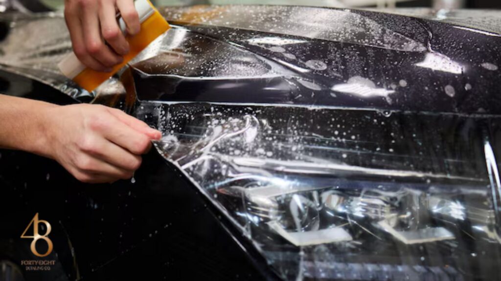 Technician using a squeegee to apply paint protection film over a car headlight covered in soapy water. The paint protection film is pressed into place to create a seamless protective layer and the Forty Eight Detailing Co logo appears in the lower corner.