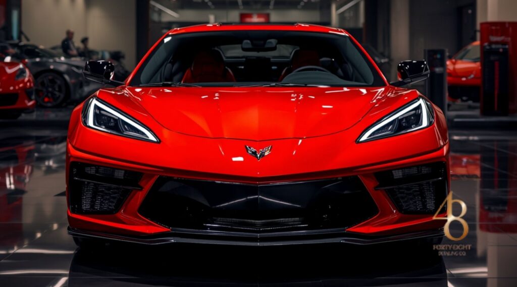 Front view of a red Corvette C8 inside a detailing shop with glossy finish and sharp LED headlights