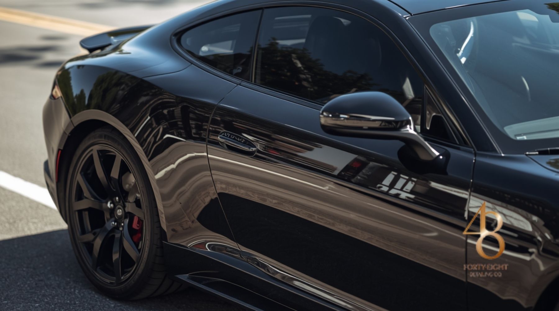 Black sports car with dark ceramic window tint reflecting sunlight on a road
