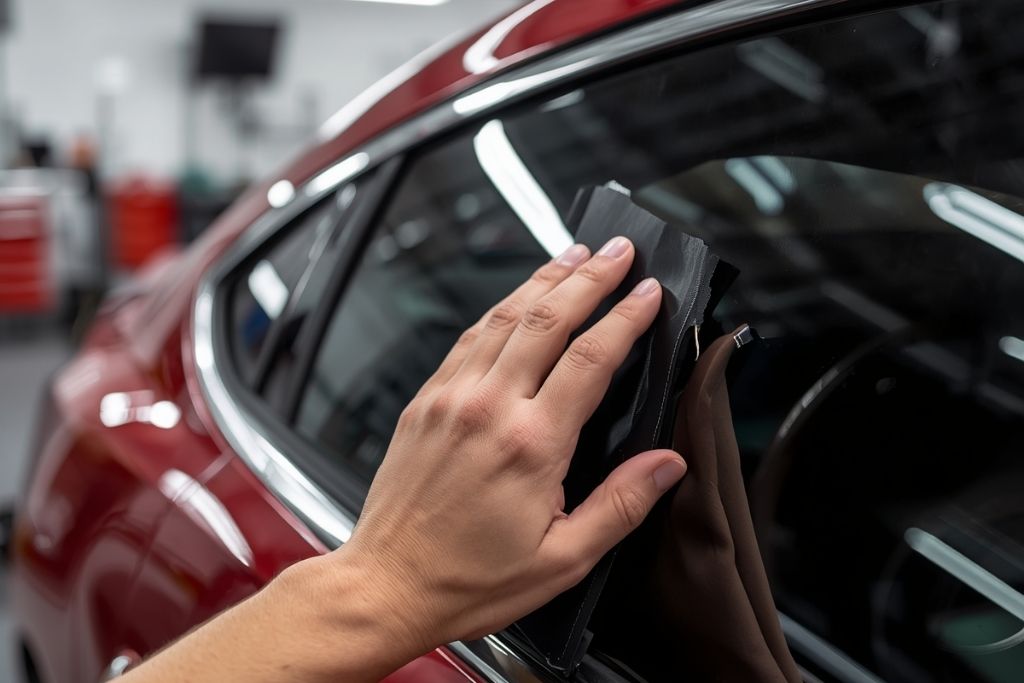 Close-up of professional applying ceramic window tint film to a car window