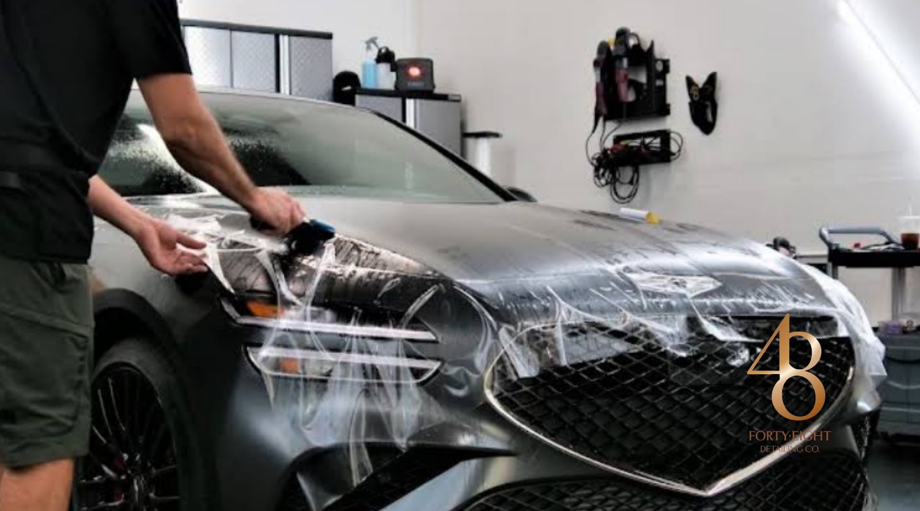 Technician installing paint protection film on the front end of a vehicle at 48 Detailing.