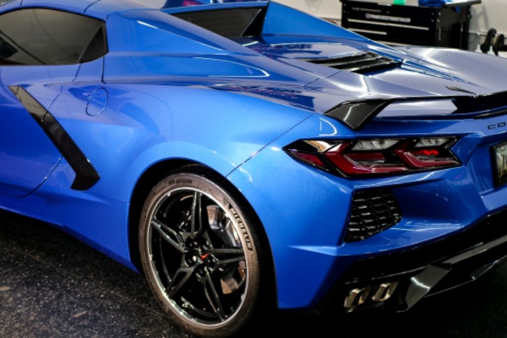 Blue Corvette C8 with a glossy protected finish inside 48 Detailing in Surprise, Arizona
