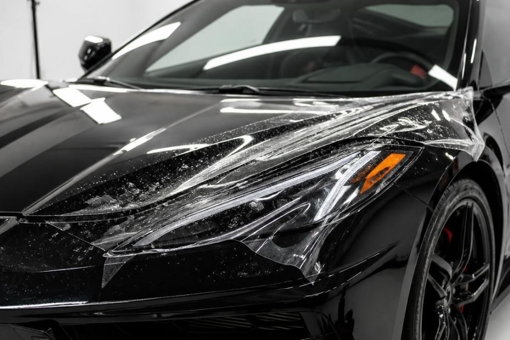 Black Corvette C8 receiving paint protection film on the front fender and headlight area for added rock chip protection.