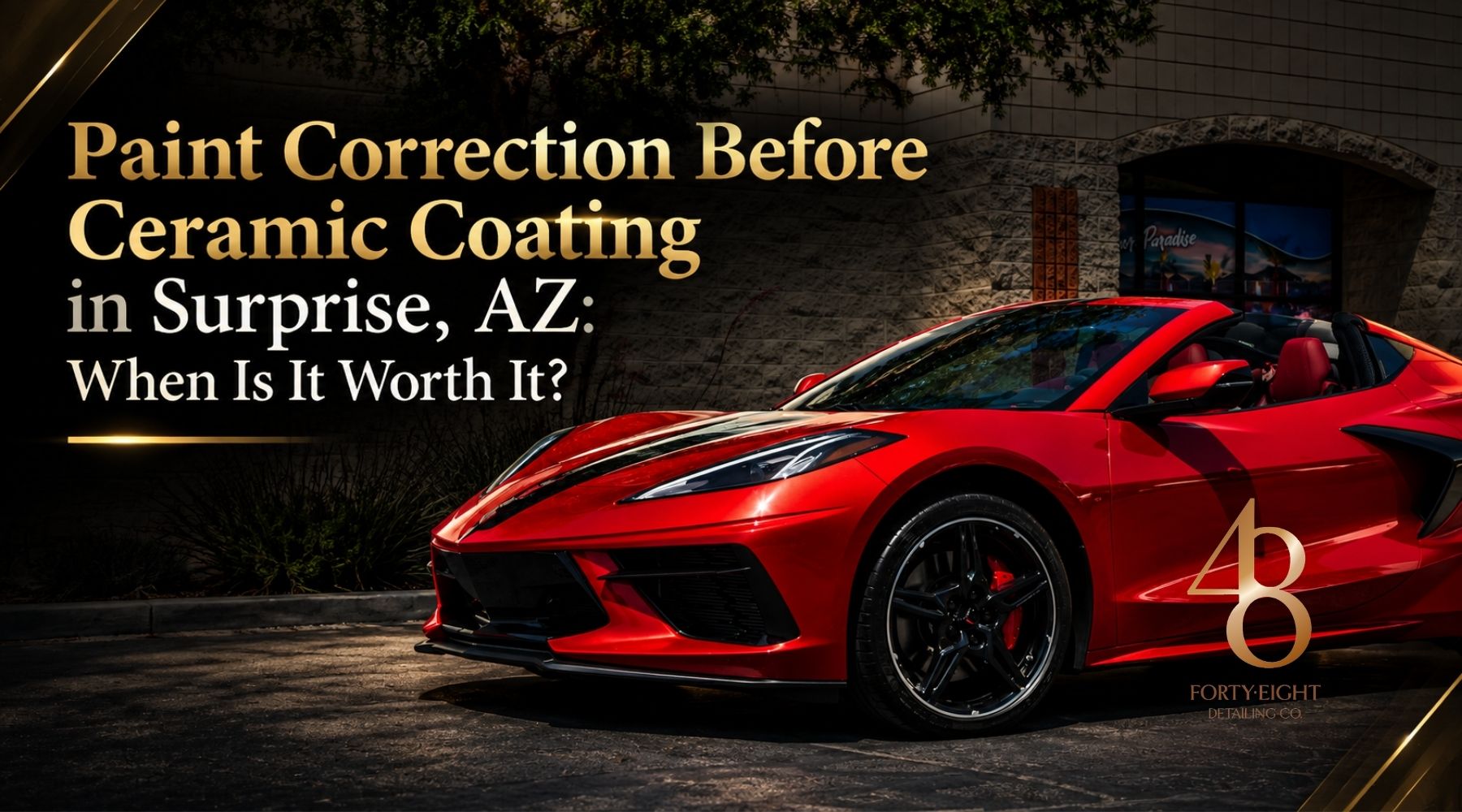 Red sports car featured for a guide to paint correction before ceramic coating in Surprise, AZ.